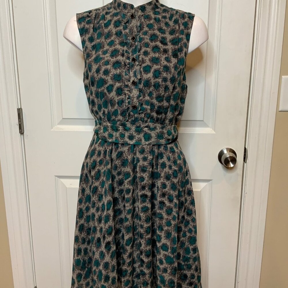 Hazel Gray Blue Floral Ruffle Fit & Flare Dress, Size M